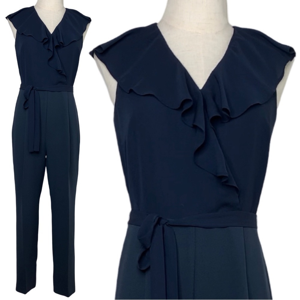 Banana Republic Women Ruffle V-Neck Cropped Jumpsuit Size 0 Navy Blue - Picture 3 of 17